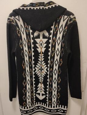 Black Hooded Aztec-Pattern Cardigan Sweater